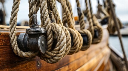 Detailed close-up of boat ropes on pulleys