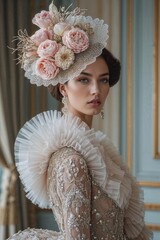 close-up of a model wearing an exquisite vintage-inspired outfit with a large, intricately designed hat and a high-collared blouse embellished. The ensemble showcasing a luxurious and sophisticated st