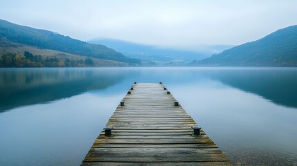 Fototapeta premium Weathered Dock on Serene Waterway Enveloped by Gentle Hills 