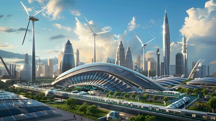 Obraz premium Futuristic Sustainable Transportation Hub Powering Eco Friendly City s Electric Transit