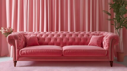 Elegant Blush Velvet Sofa Against a Coordinated Pink Background with Curtains and Decorative Elements