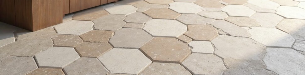 Fototapeta premium Close up of seamless hexagon tiles in natural stone material for bathroom floor, bathroom, hexagon, elegant