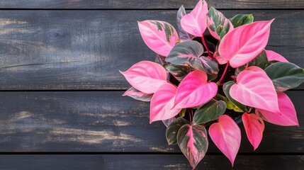 Pink Caladium Plant on Dark Wood