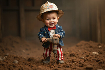 A baby Uncle Sam holding a jackhammer, drilling for minerals. America to boost oil and gas production to cut energy cost and increase mining and exploration of rare earth. Drill, baby, drill. Concept.