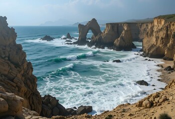 Dynamic Coastal rugged Cliff Scene with Ocean Waves Crashing and Rock Formations creating white foam. Ideal for nature, landscape, geology etc