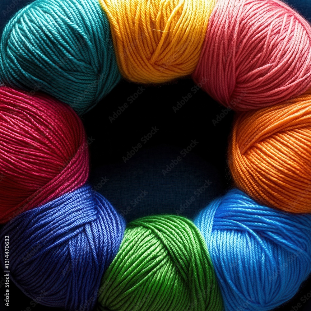 Poster vibrant yarn balls in circular arrangement against dark backdrop creating a captivating visual textu