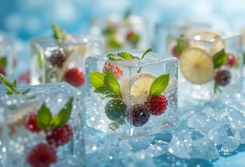 ice cubes of fresh fruits, berries and herbs. Decorative cocktail elements featuring citrus slices, raspberries, blackberries and mint leaves.