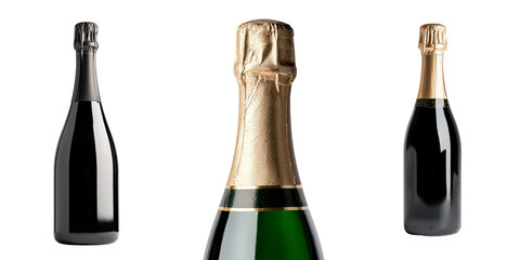 Golden foil-covered champagne bottle with no label, designed for festive gatherings, isolated against a transparent background in png