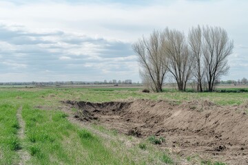 Fototapeta premium Serene Landscape with Bare Trees and Cloudy Sky in Spring Field