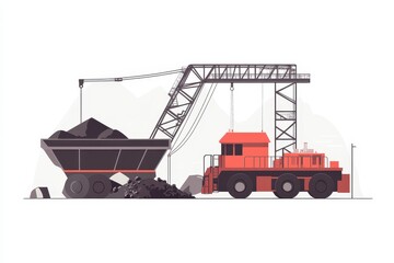 Naklejka premium Mining Equipment in Action with Crane and Dump Truck Loading Cargo