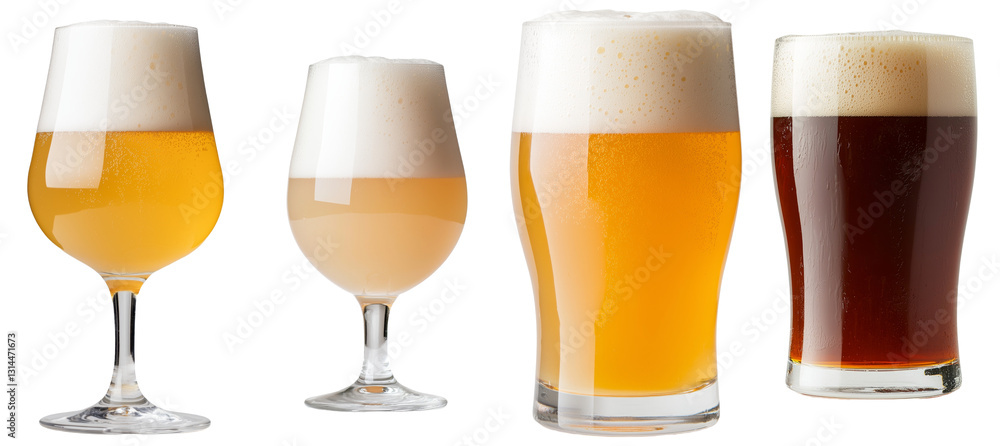 Poster frothy head and bubbles top a glass of beer, which is isolated on a transparent background and saved