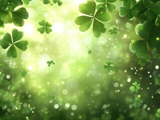 Fototapeta premium Lush Green Clovers Floating in a Dreamy Bokeh Light Background for St Patricks Day Celebration
