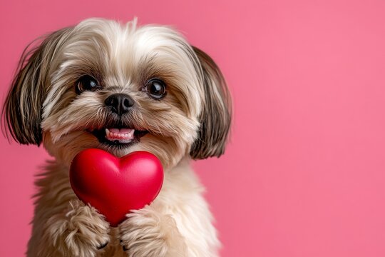 Shih tzu - my preferred dog. Commercial concept layout. Cute shih tzu doggy with furry friend animal toy red heart - sign of love, funny greeting card. Red heart decorations. Adorable puppies.