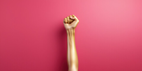 raised golden fist symbolizes strength and empowerment against pink background
