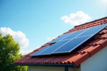 Close up of solar panels on top of a house with clear sky, sun, installation