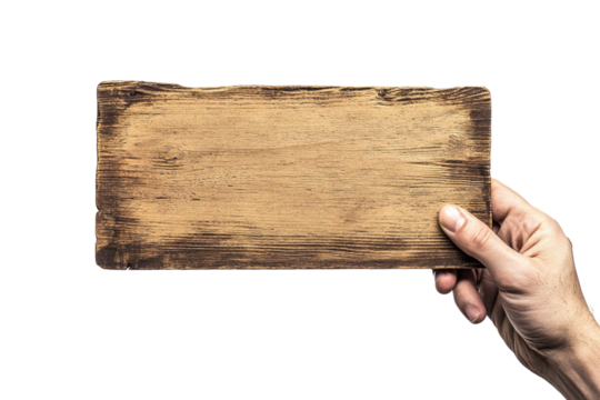 Rustic wooden signboard held in a mans hand isolated on old dark brown on transparent background - Powered by Adobe