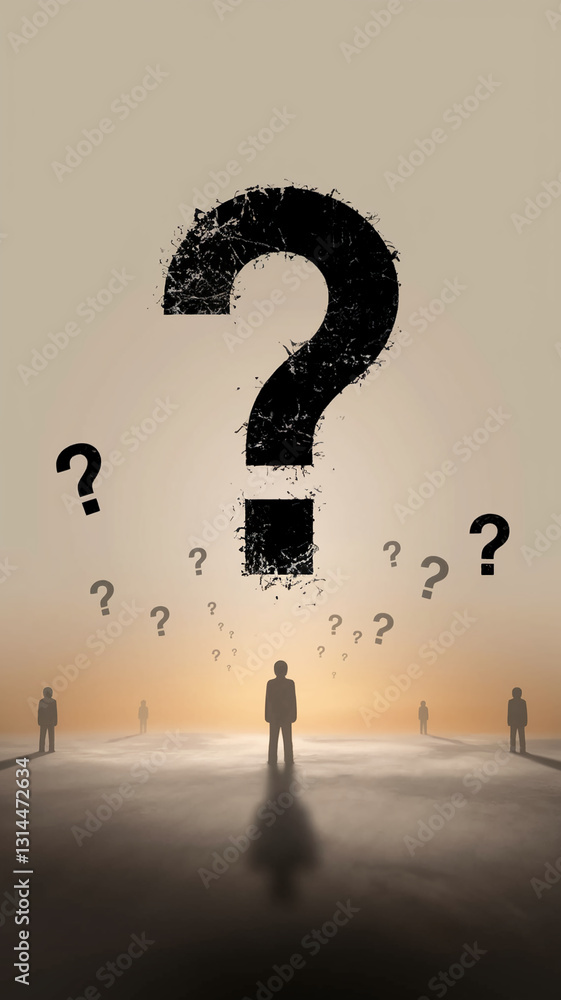 Poster silhouette figures stand before a large, distressed question mark, symbolizing uncertainty, question