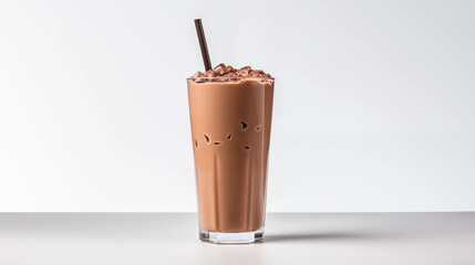Iced Chocolate Drink in Glass Straw Ice Cubes