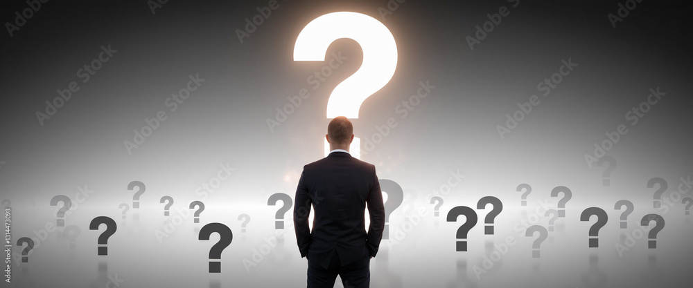 Poster businessman facing large illuminated question mark, surrounded by smaller question marks, symbolizin