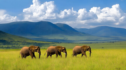 Fototapeta premium Elephants walking in a lush green landscape under a blue sky