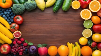 Fresh fruits and vegetables arranged on a wooden table