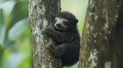 Obraz premium Adorable Young Sloth Climbing a Tree in Lush Green Environment