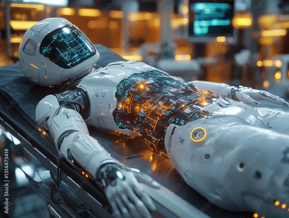Poster advanced medical robot lying on bed displaying vital signs: futuristic healthcare and artificial int