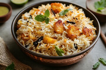 Delicious and aromatic shrimp biryani in a copper bowl with mint garnish on a gray background close up shot