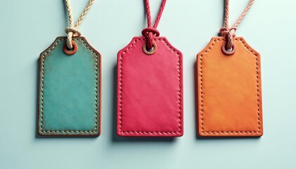 Close-up of three trendy brand tags with different designs, modern, chic
