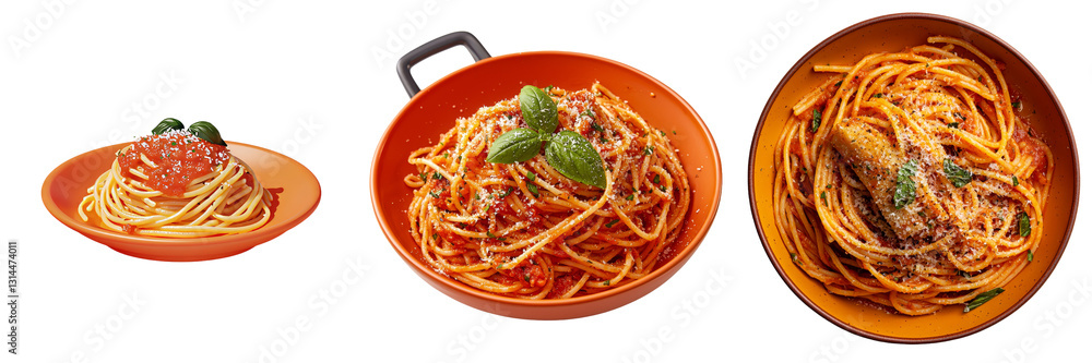 Poster on a transparent background, a png image displays 3d spaghetti with tomato sauce and basil, neatly a