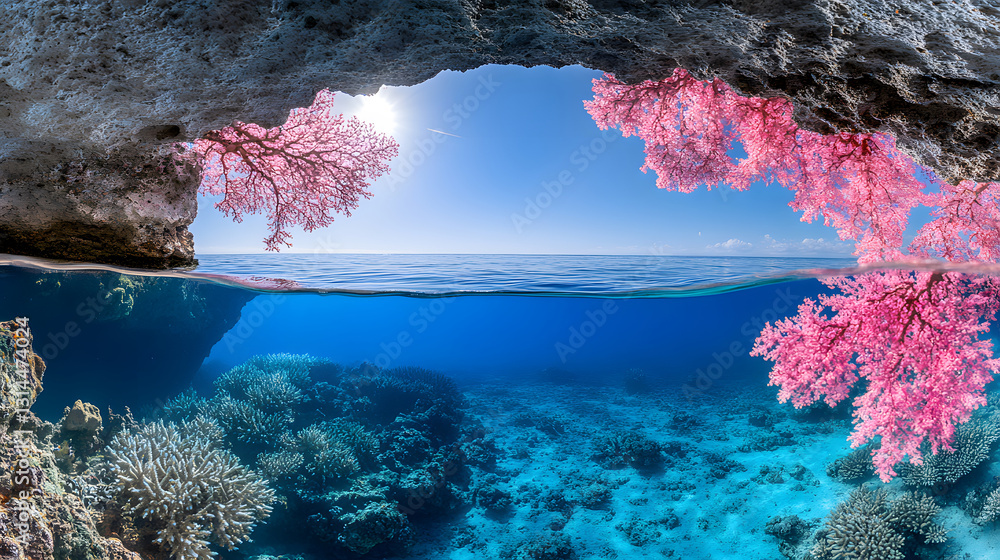Poster vibrant underwater scene with coral and sunlight filtering through