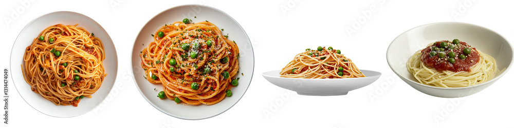 Aufkleber on a white plate is a serving of 3d spaghetti with tomato sauce and a green garnish, isolated on a t