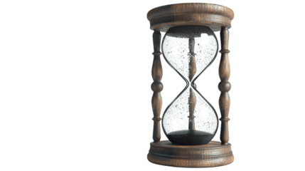 Elegant antique hourglass time sandglass wooden frame glass old past life on transparent background