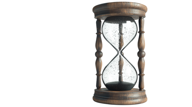 Elegant antique hourglass time sandglass wooden frame glass old past life on transparent background