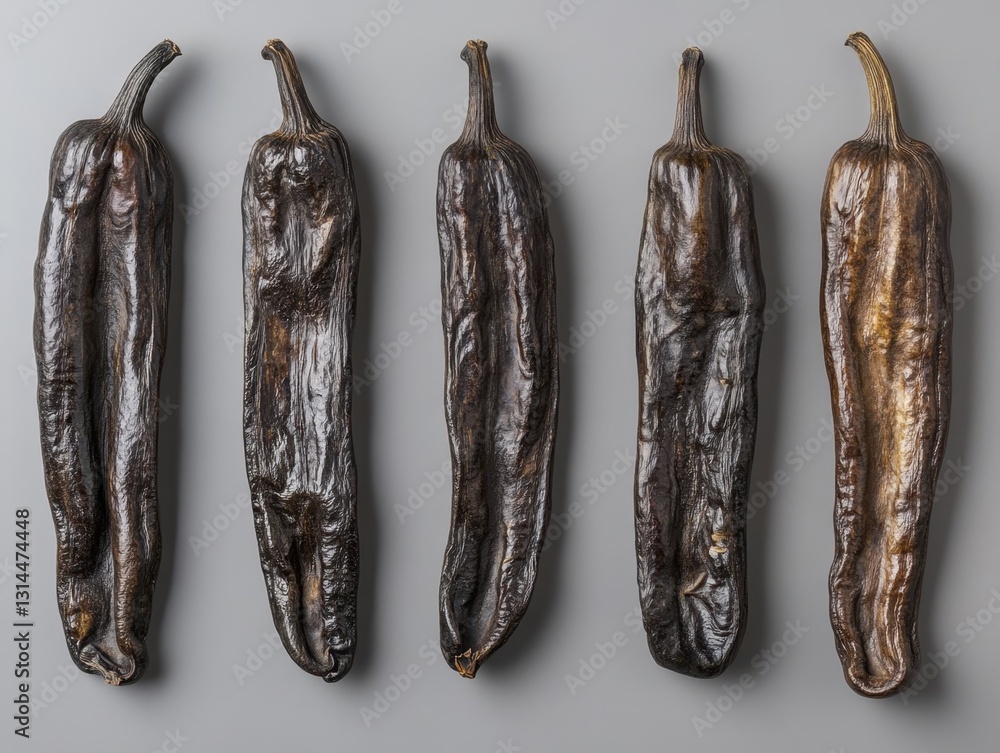 Poster five dried chili peppers arranged in a row on a gray background showcasing texture and color variati