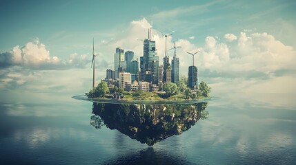 Naklejka premium Floating Renewable Energy Powered Eco Friendly Futuristic City Skyline