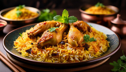 Generated imageDelicious Arabic-style chicken biryani with saffron-infused rice and warm spices  
