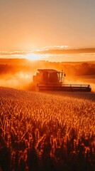 Fototapeta premium Golden Harvest Awaits Combine Harvester Working in Field at Sunset Agriculture and Farming Concept
