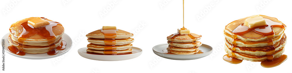 Poster on a plate, a 3d stack of pancakes with a golden brown hue is shown, complete with a piece of butter