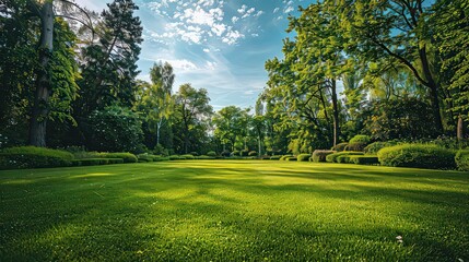 Fototapeta premium Beautiful wide format image of a manicured country lawn surrounded by trees and shrubs on a bright summer day. Spring summer nature.