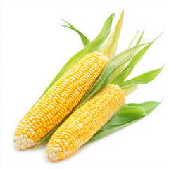 Obraz premium Corn on white background with fresh leaves
