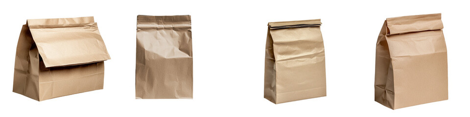 A brown paper bag, ideal for groceries or lunch, with crumpled edges and a realistic texture, is isolated on a transparent background, in png format