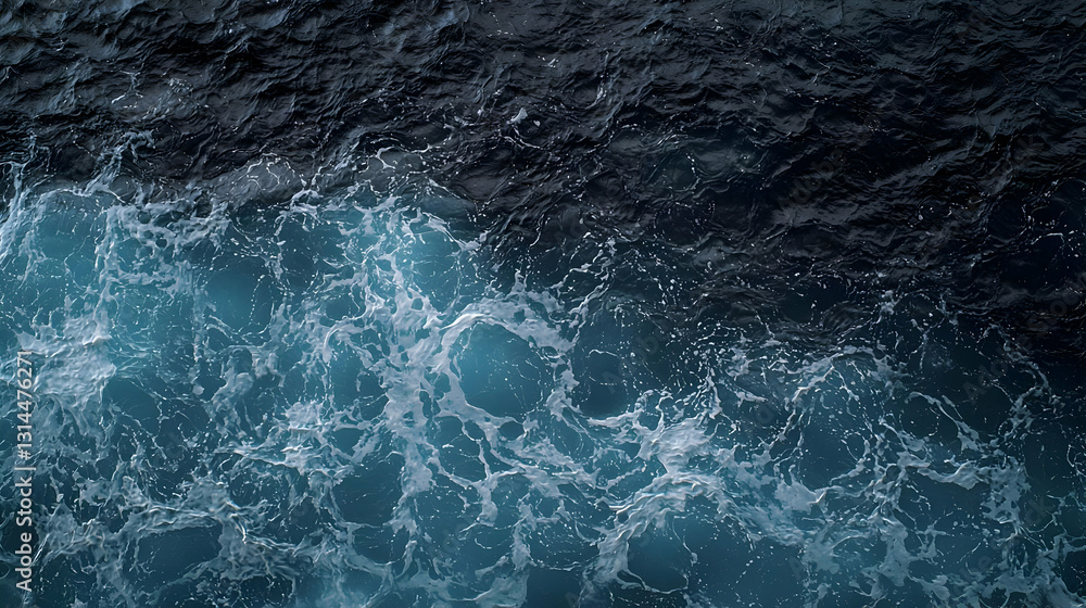 Poster dark blue ocean waves with white foam and a textured water surface in a deep blue background creatin