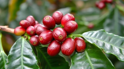 Obraz premium Red Cherry Coffee Beans Ripening on Branch 