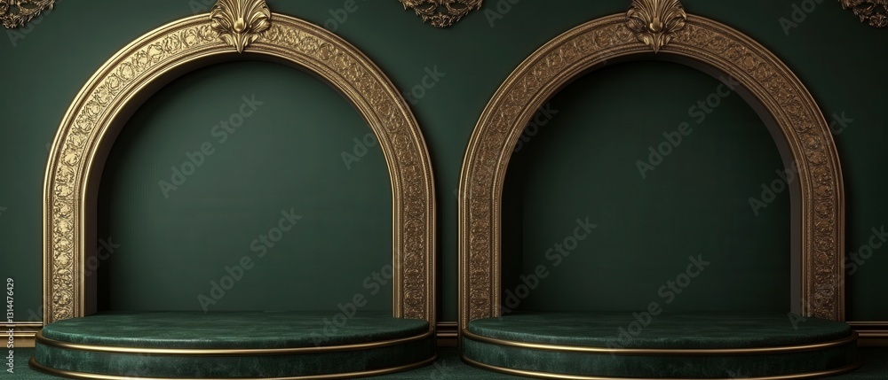 Aufkleber elegant emerald stage with golden archway for product display luxurious backdrop for presentation
