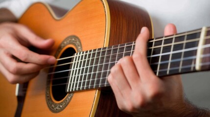 Fototapeta premium personâ€™s hands playing an acoustic guitar, emotional and intimate