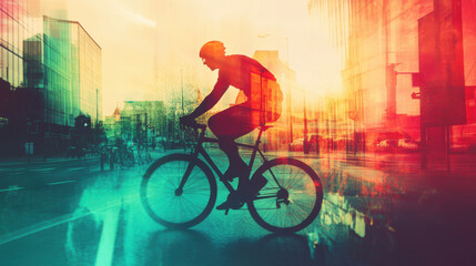 cyclist riding through vibrant city streets, showcasing motion and energy