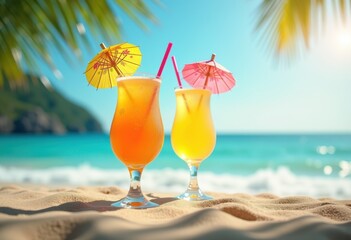 vibrant drink glasses adorned cheerful umbrellas soft sandy beach under bright blue sky, ocean, cocktails, fruity, tropical, sunshine, bar, summer, colorful