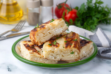 Delicious Turkish food; Tray pastry; (Turkish name; Su boregi)