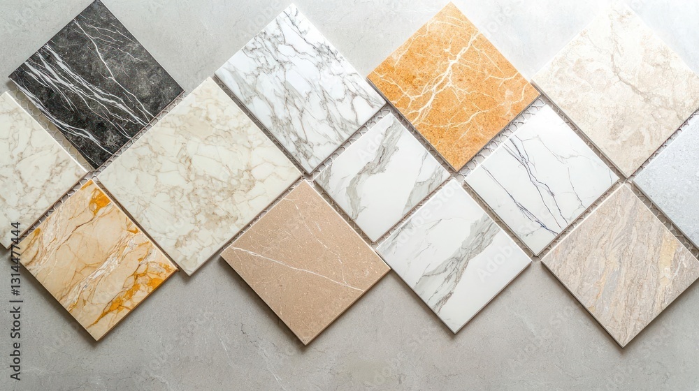 Poster Close Up Of Assortment Of Square Marble Tiles Displayed On Gray Background